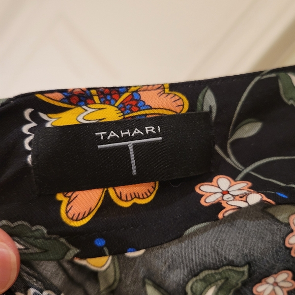 Tahari black and yellow peach floral A line midi skirt - Picture 5 of 7